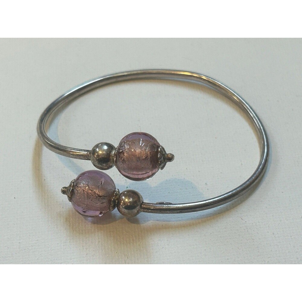 Sterling Silver Cuff Bracelet With Pink Murano-style Beads